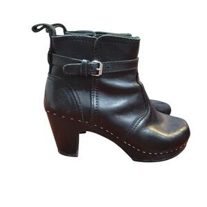 Swedish Hasbeens Black Leather Clog Ankle Boots Wood Heel EU 38 Minimalist